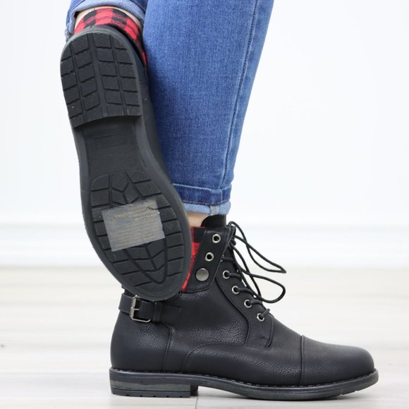 Buffalo Red Black Plaid Combat Ankles Boots Black Faux Leather - Picture 3 of 12